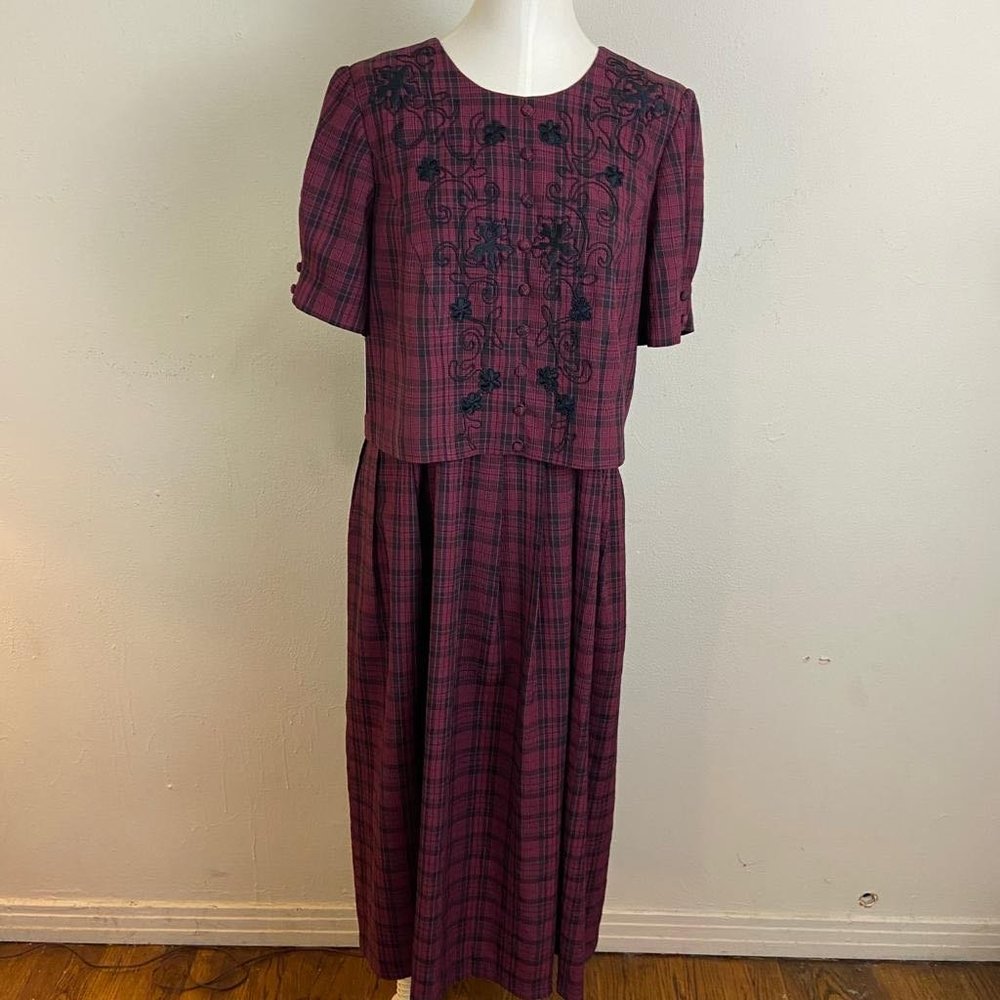 Vintage 80s Plaza South Rayon Embroidery Vest Maxi Dress